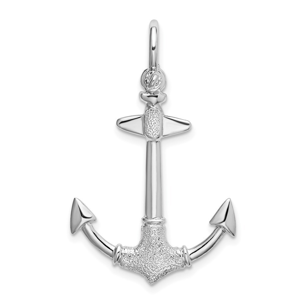 925 Sterling Silver Polished/Textured 3D Anchor Small Necklace Charm Pendant